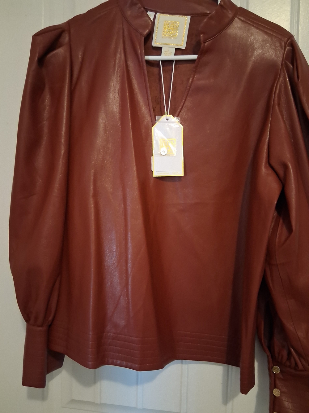 Enily Mccarthy Women's Faux Leather Peasant Blouse Jacket - Burgundy Brown
